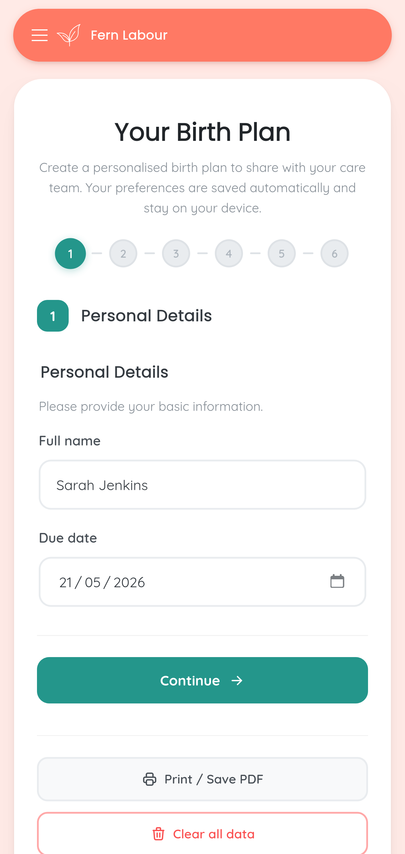 Screenshot of the Birth Plan Creator form