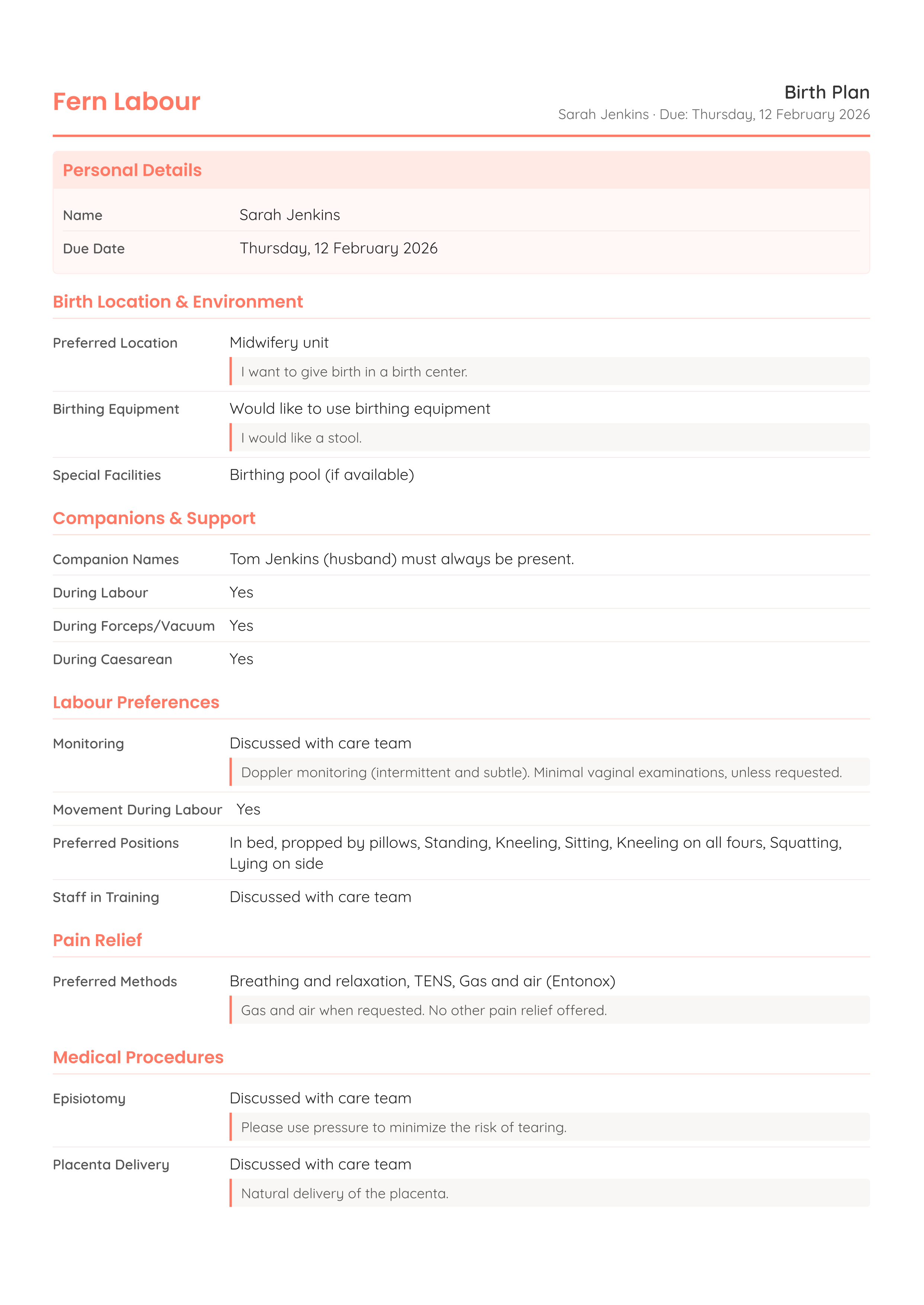 Example birth plan